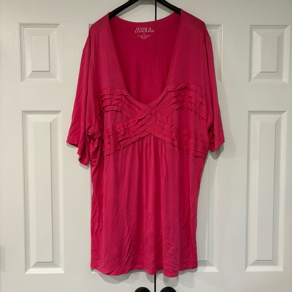 Jessica London Rayon Spandex Pink 3/4 Sleeve Shirt Deep V Neck Size 26 / 28